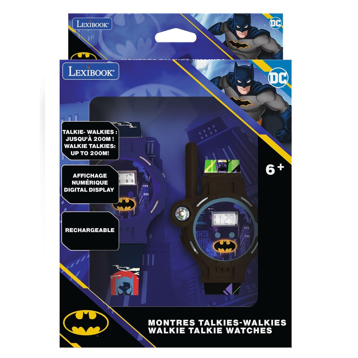 LEXiBOOK, Batman, Walkie-Talkie Watches, 2 Pieces, Range up to 200m, Flashlight, Compass, Rechargeable, Black/Green and Blue/Red, DMWTW1BAT - Image 5