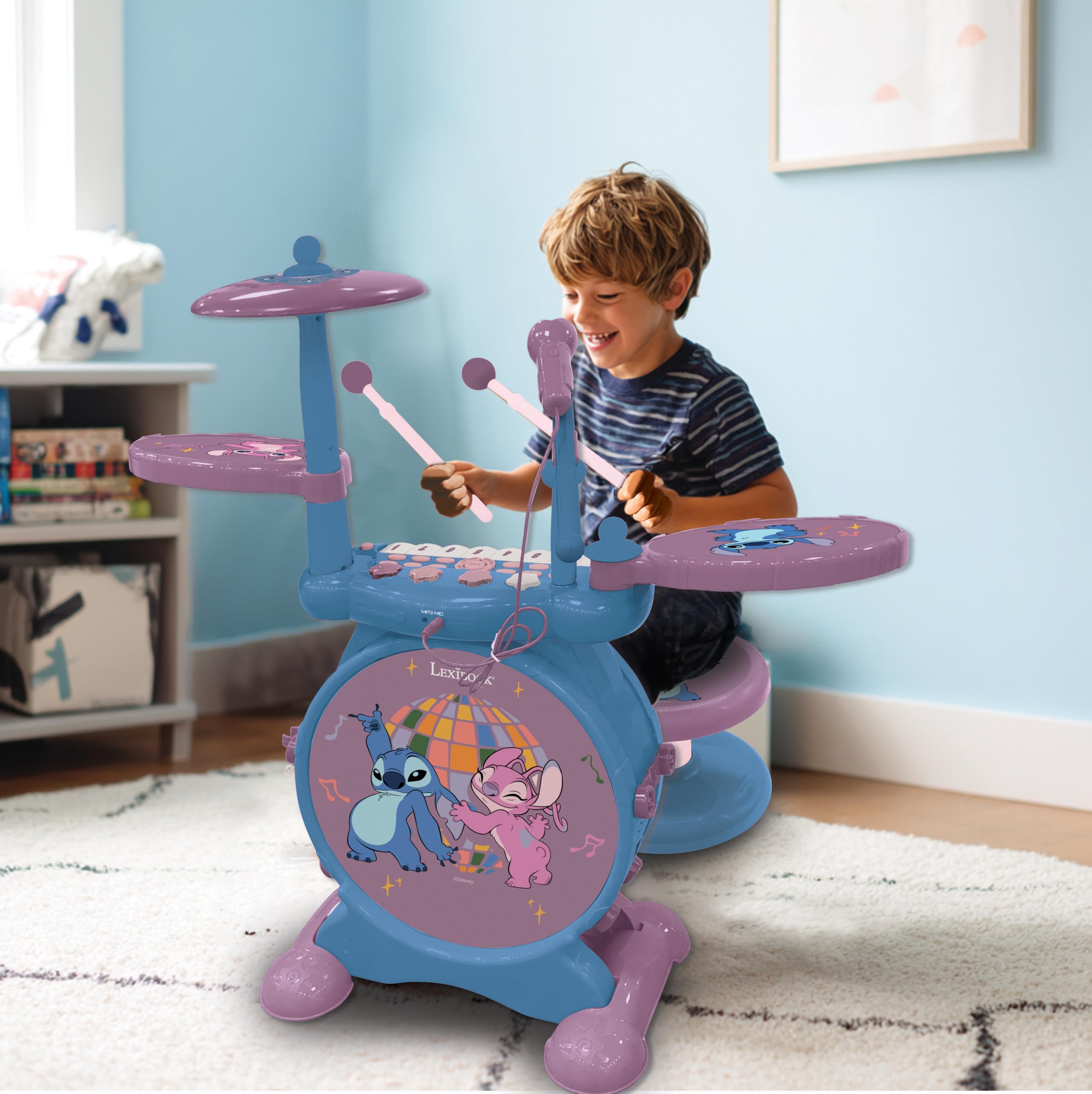 Lexibook, Complete Light-Up Electronic Drum Set with Keyboard, Cymbals, and Stitch Stool, Blue, K610D - Image 3