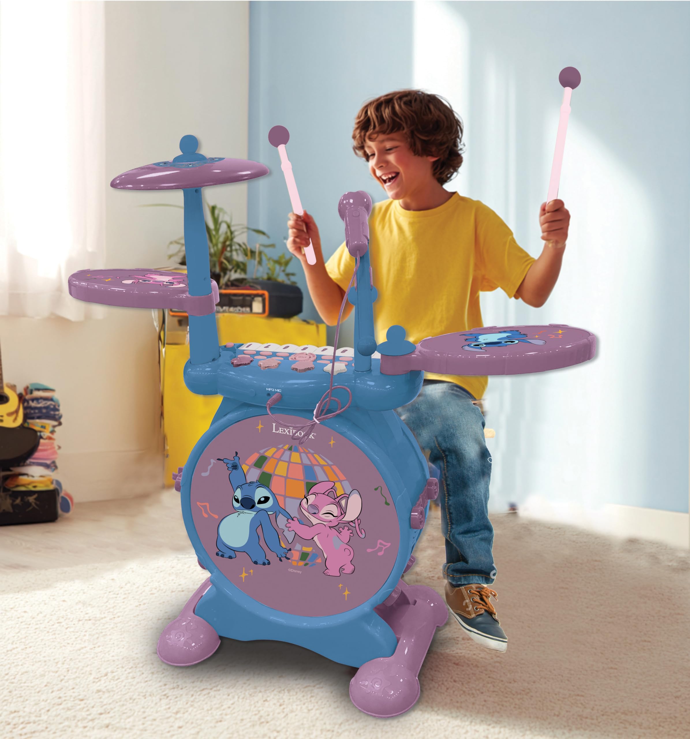 Lexibook, Complete Light-Up Electronic Drum Set with Keyboard, Cymbals, and Stitch Stool, Blue, K610D - Image 4