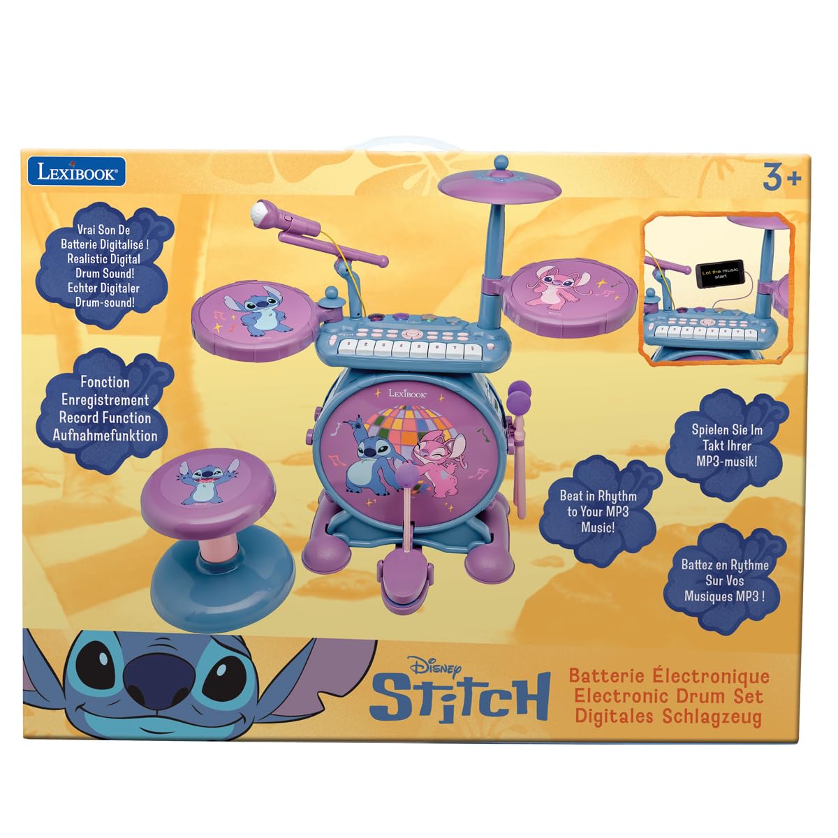 Lexibook, Complete Light-Up Electronic Drum Set with Keyboard, Cymbals, and Stitch Stool, Blue, K610D - Image 5