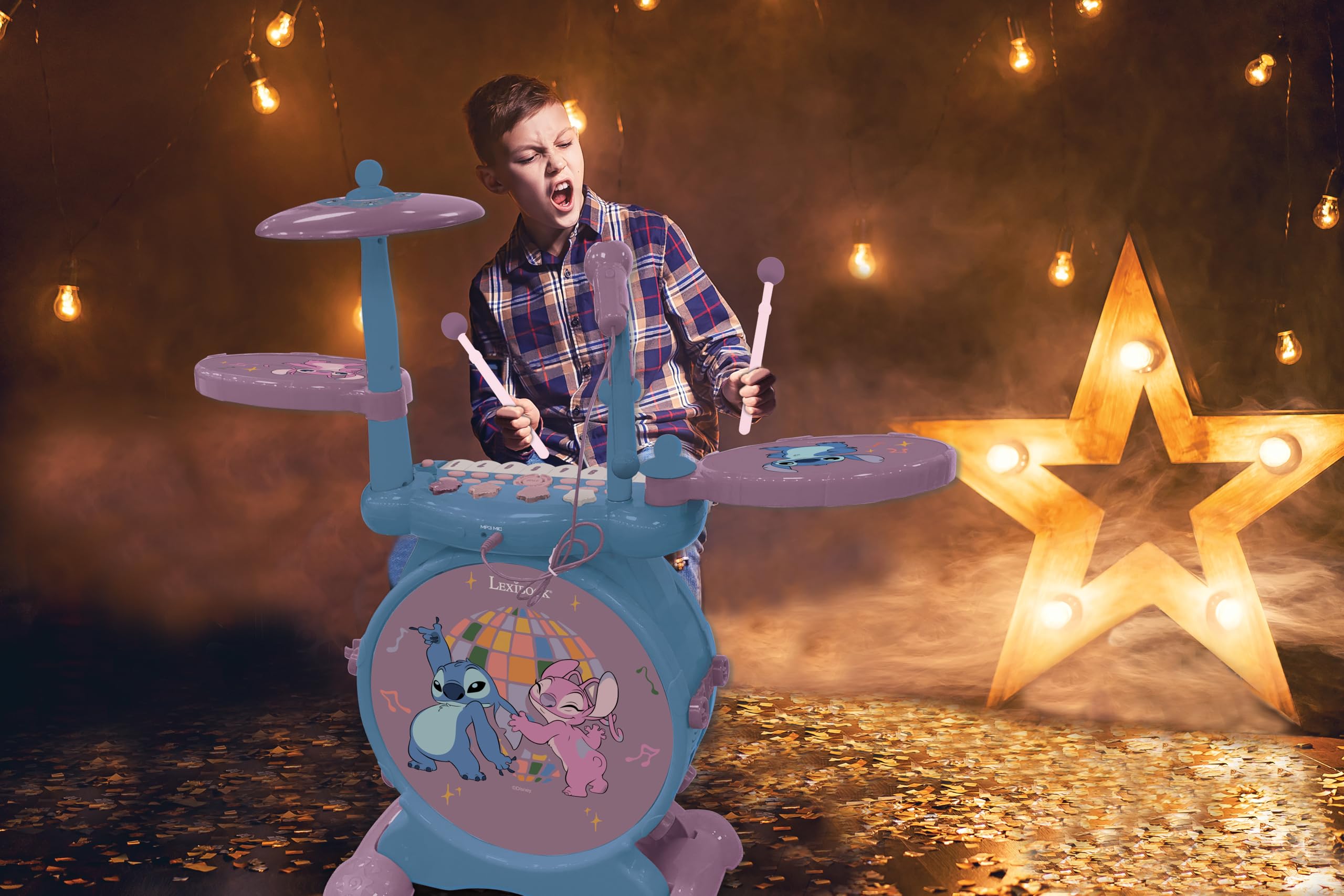 Lexibook, Complete Light-Up Electronic Drum Set with Keyboard, Cymbals, and Stitch Stool, Blue, K610D - Image 6