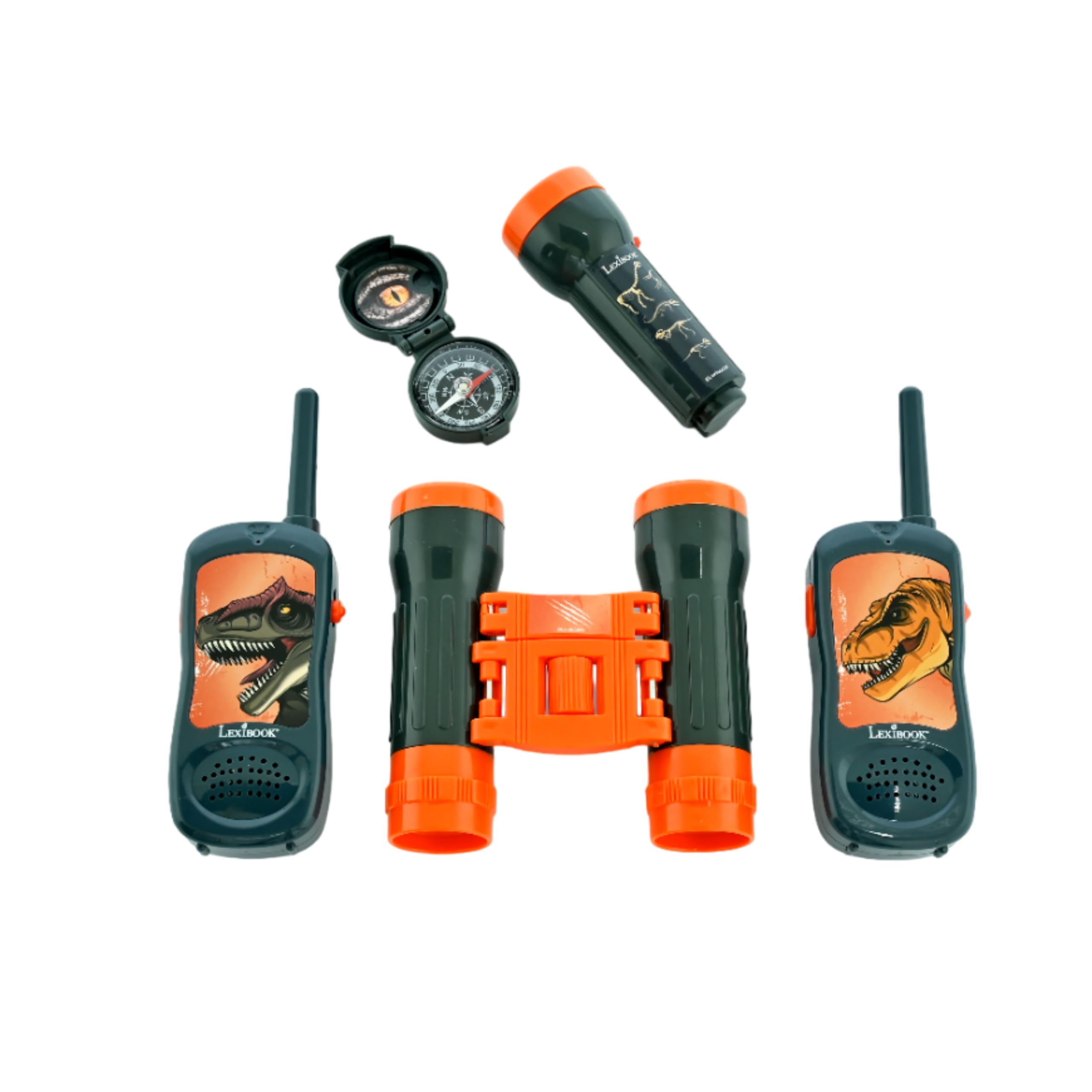 LEXiBOOK, Dinosaur, Adventurer Set for Children, Walkie-Talkies 120m, Binoculars, Compass, Torchlight, Grey/Orange, RPTW12DINO - Image 3