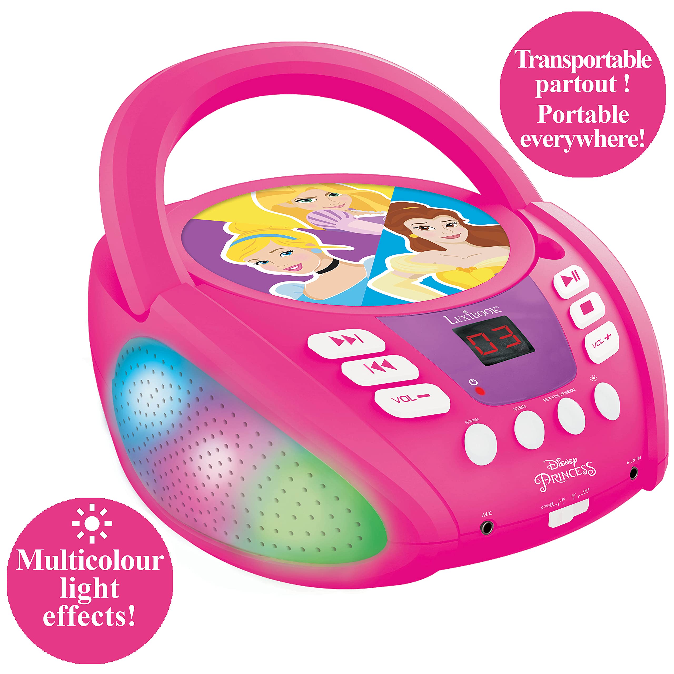 LEXiBOOK - Disney Princess - Bluetooth CD Player for Kids – Portable, Multicoloured Light Effects, Microphone Jack, Aux-in Jack, AC or Battery-Operated, RCD109DP - Image 5