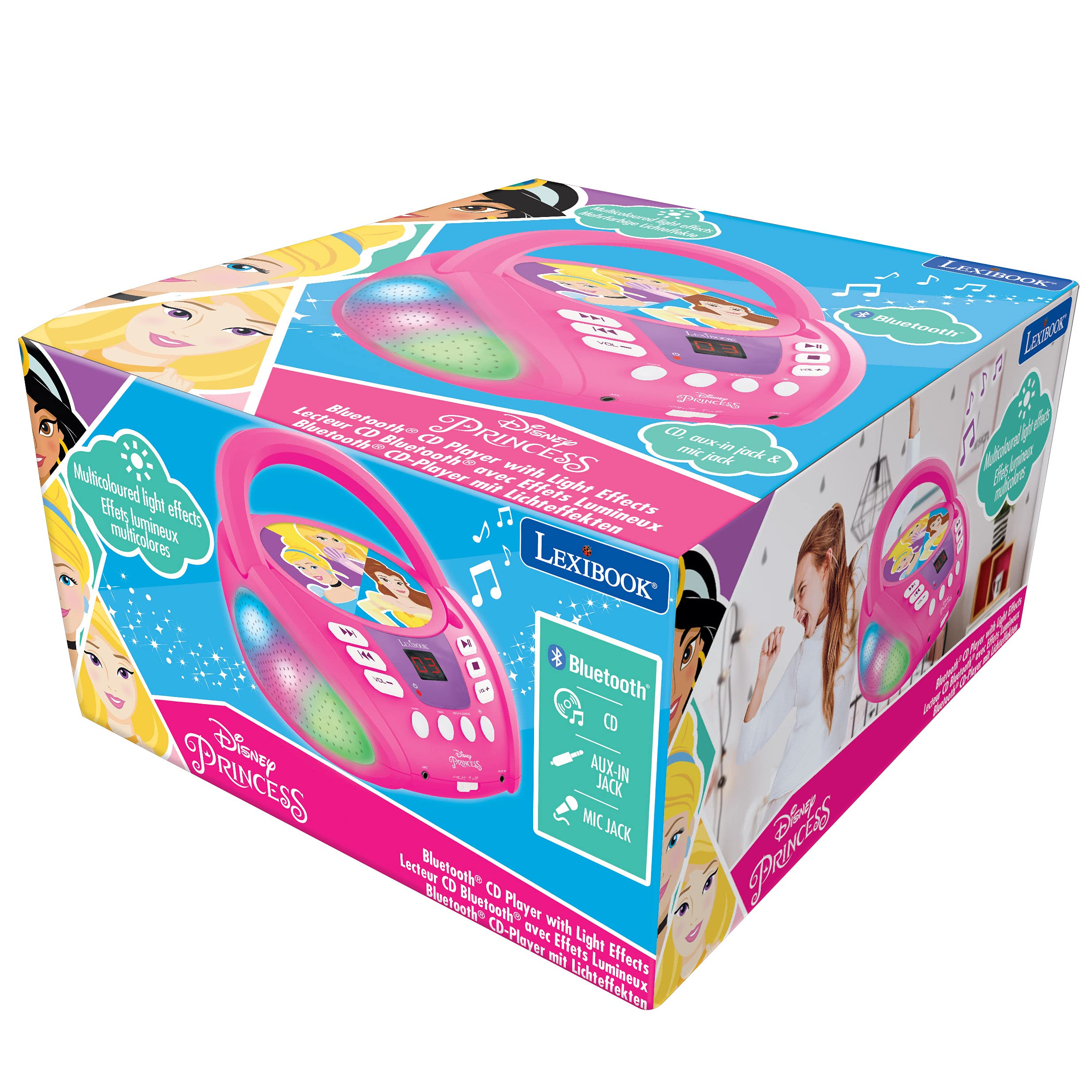 LEXiBOOK - Disney Princess - Bluetooth CD Player for Kids – Portable, Multicoloured Light Effects, Microphone Jack, Aux-in Jack, AC or Battery-Operated, RCD109DP - Image 7