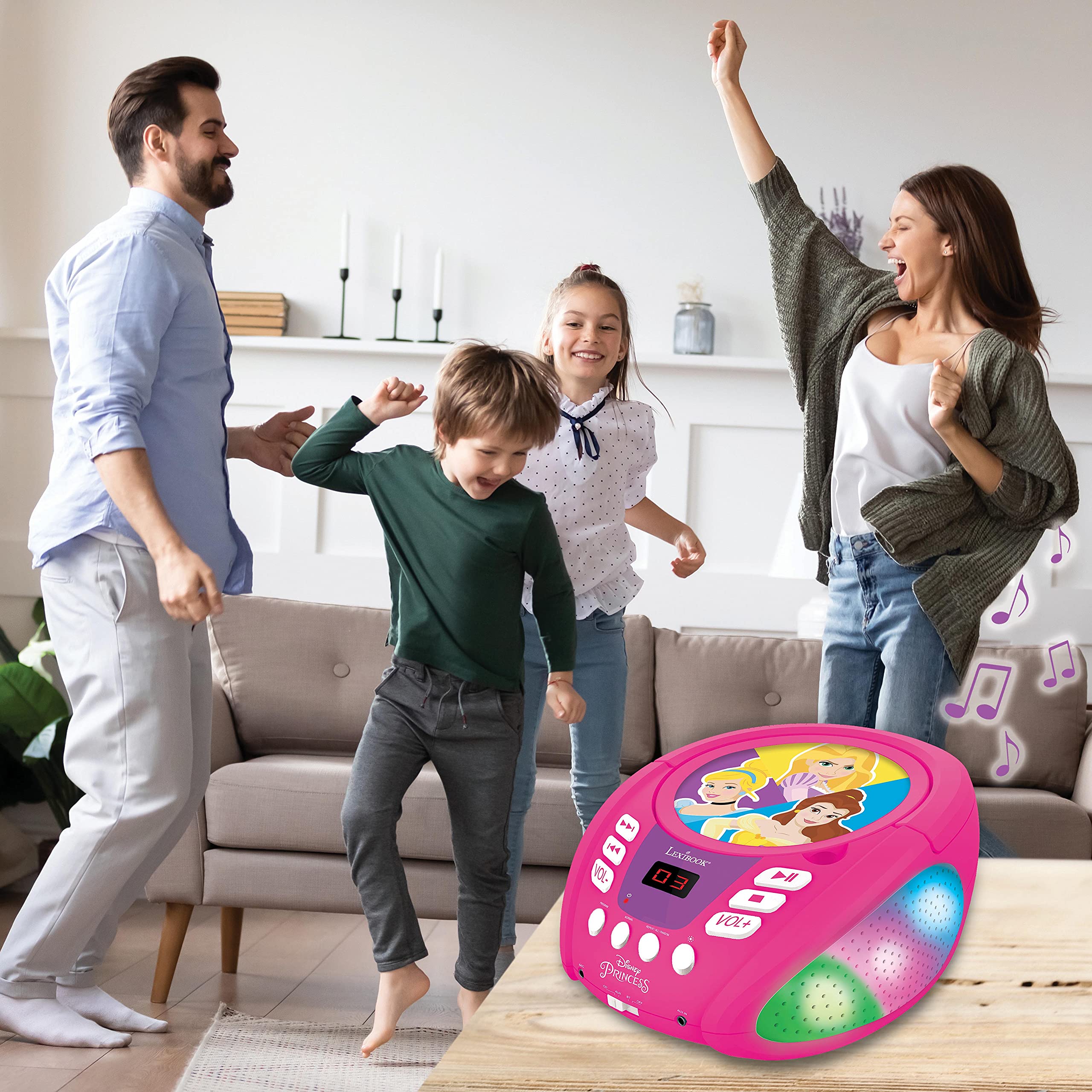 LEXiBOOK - Disney Princess - Bluetooth CD Player for Kids – Portable, Multicoloured Light Effects, Microphone Jack, Aux-in Jack, AC or Battery-Operated, RCD109DP - Image 8