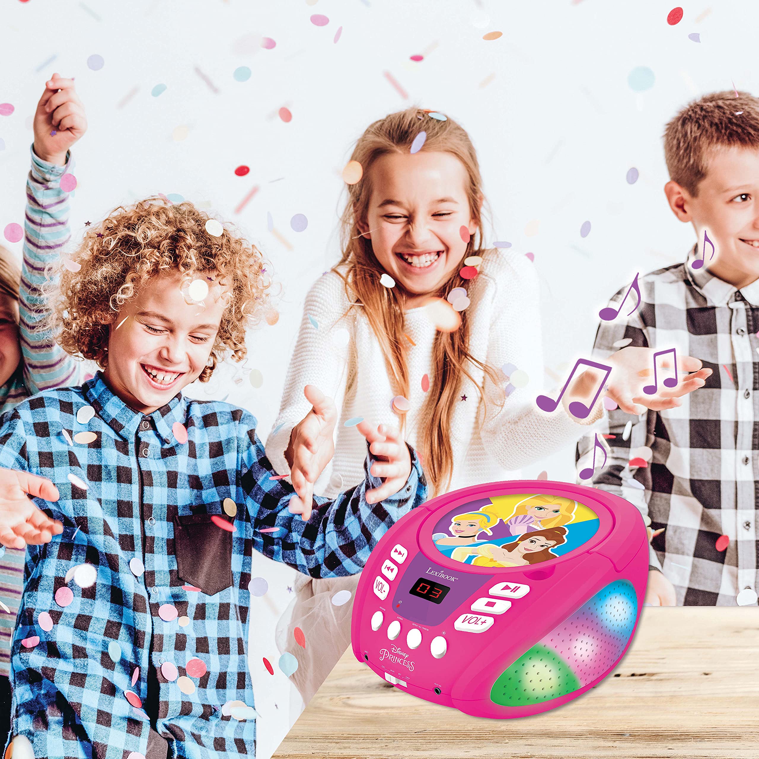 LEXiBOOK - Disney Princess - Bluetooth CD Player for Kids – Portable, Multicoloured Light Effects, Microphone Jack, Aux-in Jack, AC or Battery-Operated, RCD109DP - Image 9