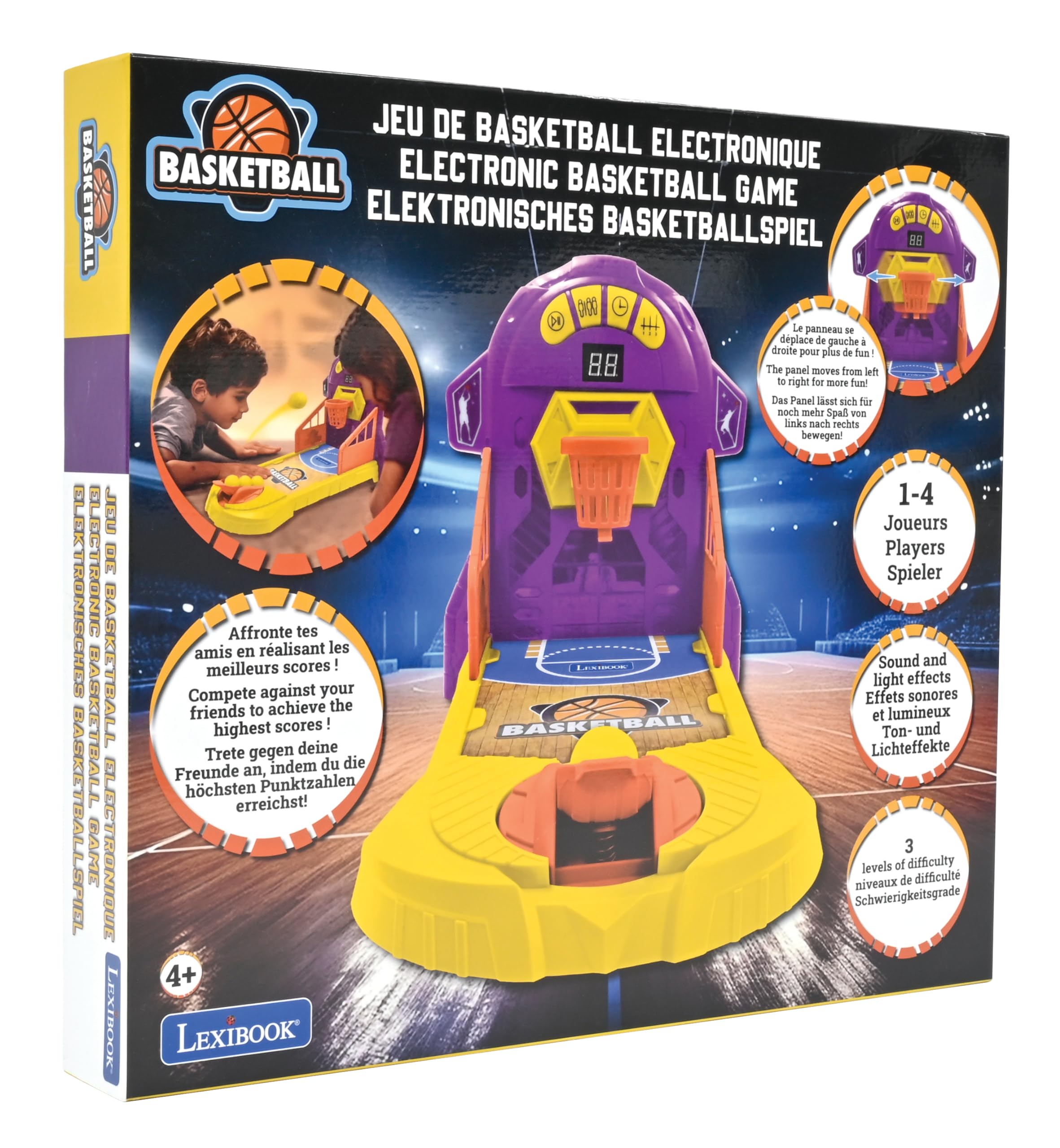Lexibook, Electronic Basketball Game, Sound and Light Effects, Moving Panel, 3 Levels of Difficulty, 1 to 4 Players, Purple/Yellow, JG910 - Image 7