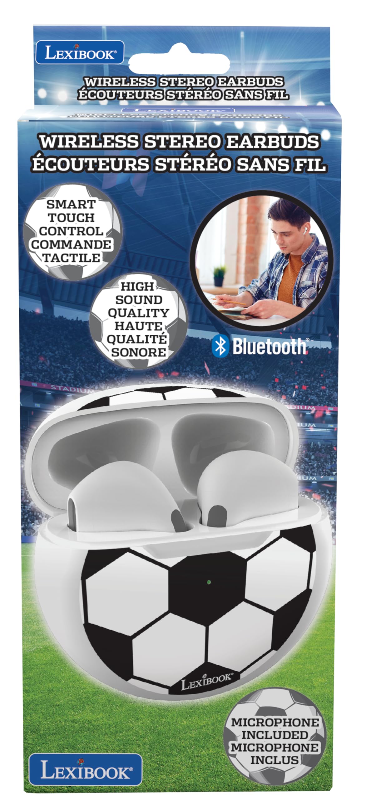 LEXiBOOK, Football, Wireless stereo earbuds, Integrated microphone, Touch control, Charging case, Sound level limited at 85 dB, Black/white, HPBT05FO - Image 5