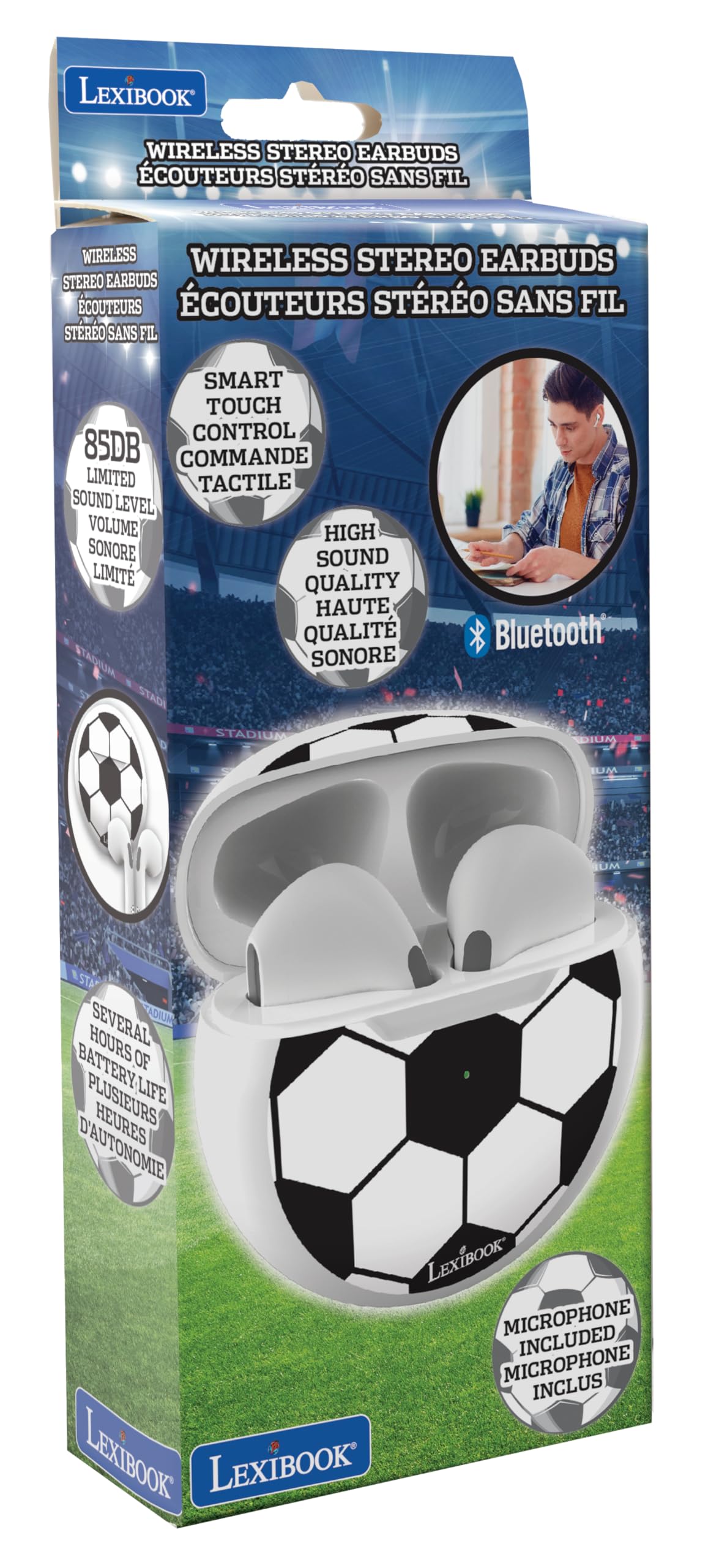 LEXiBOOK, Football, Wireless stereo earbuds, Integrated microphone, Touch control, Charging case, Sound level limited at 85 dB, Black/white, HPBT05FO - Image 8