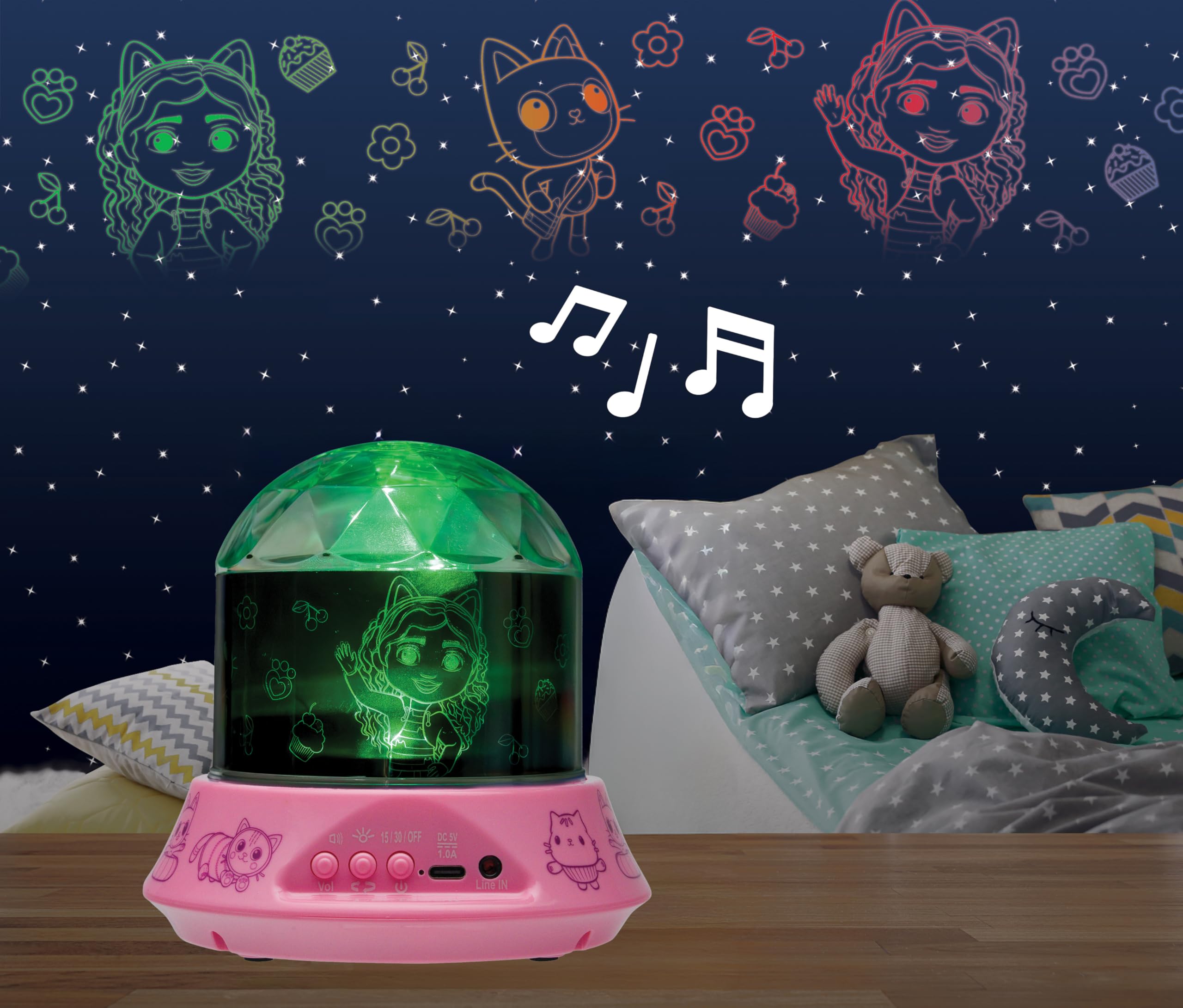 Lexibook, Gabby and the Magic House, Night Light with Speaker, Projections by Gabby's Dollhouse, Kaleidoscopic Ceiling Lights, Speaker with Auxiliary Socket, Rechargeable, NLJ035GDH - Image 3