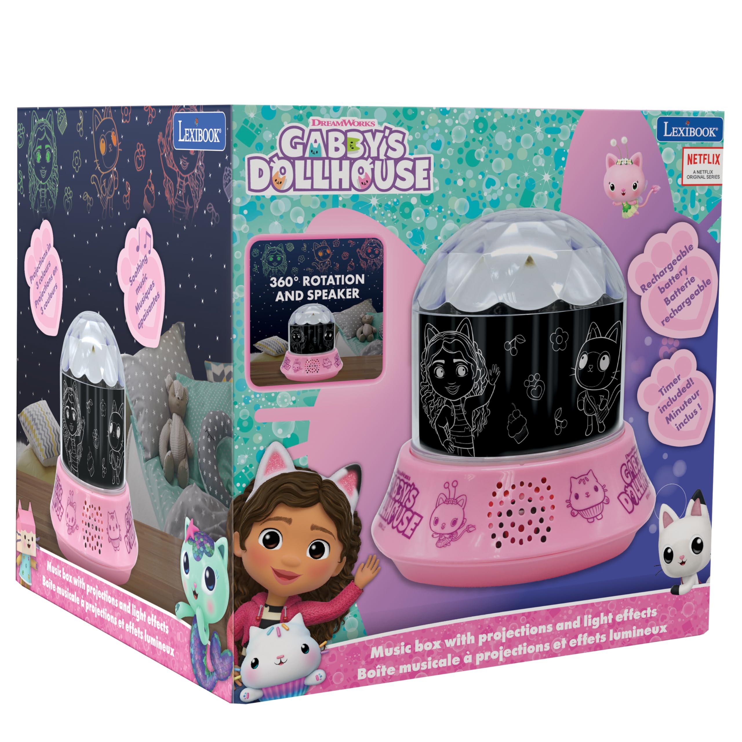 Lexibook, Gabby and the Magic House, Night Light with Speaker, Projections by Gabby's Dollhouse, Kaleidoscopic Ceiling Lights, Speaker with Auxiliary Socket, Rechargeable, NLJ035GDH - Image 8