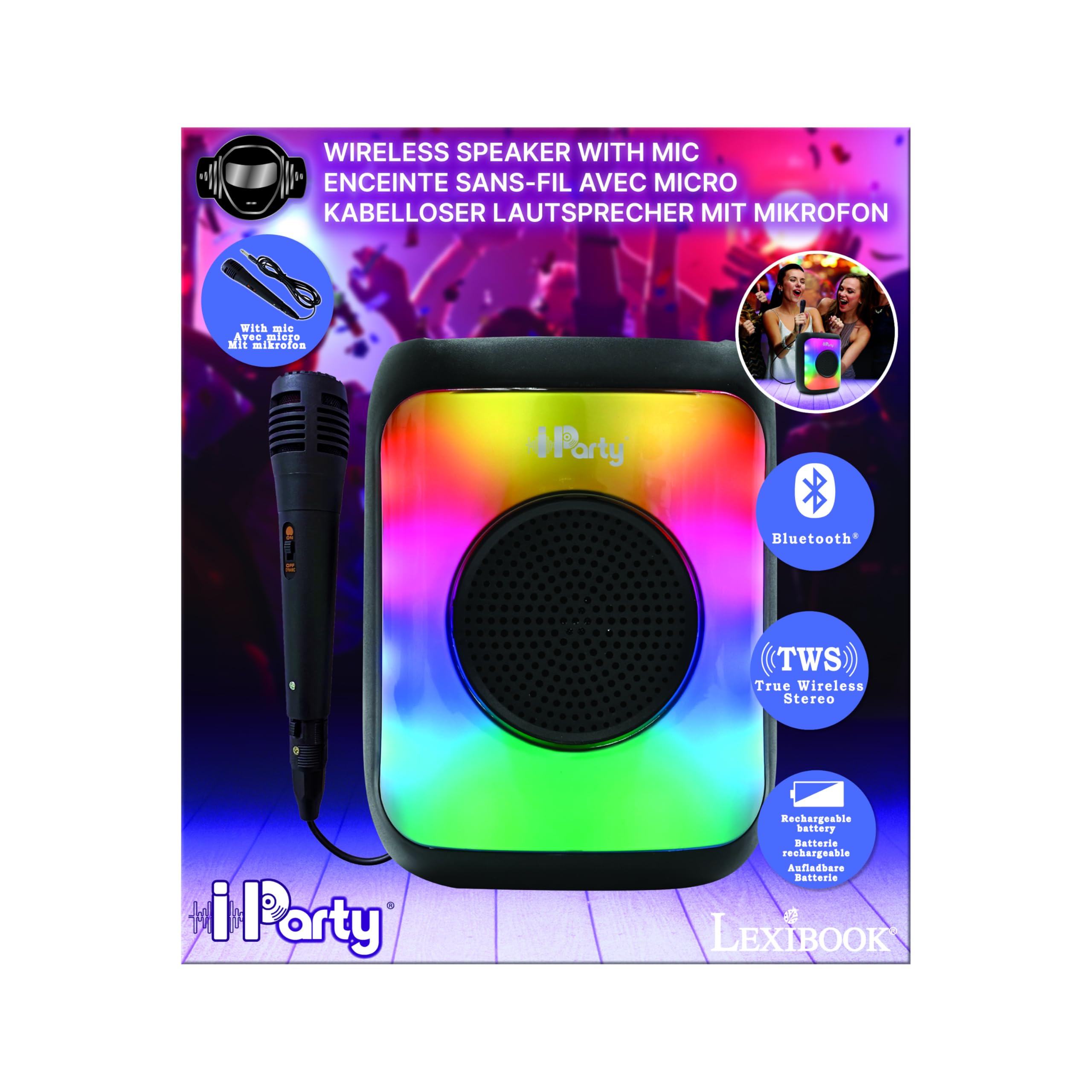 LEXiBOOK, iParty®, Portable Bluetooth® Speaker with Microphone, Powerful Sound Volume, Multicolour Light Effects, Rechargeable Battery, K8310 - Image 5