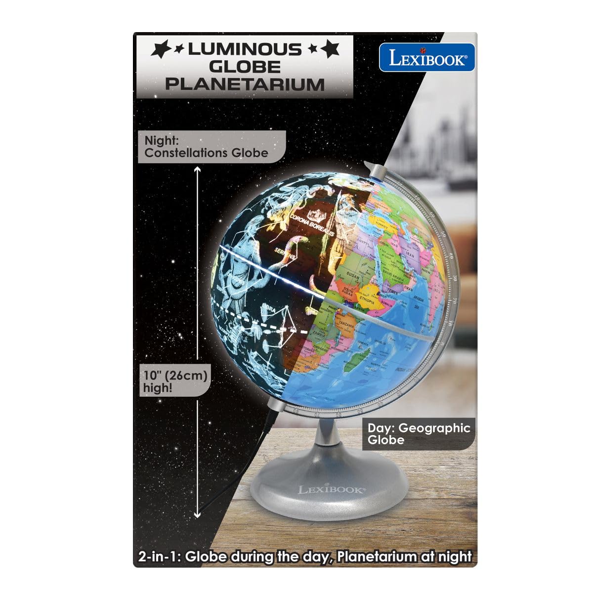 Lexibook Luminous Globe Planetarium, STEM, 2-in-1 Globe during the day, Constellation map at night, Blue/Black, NLJ185EN - Image 6