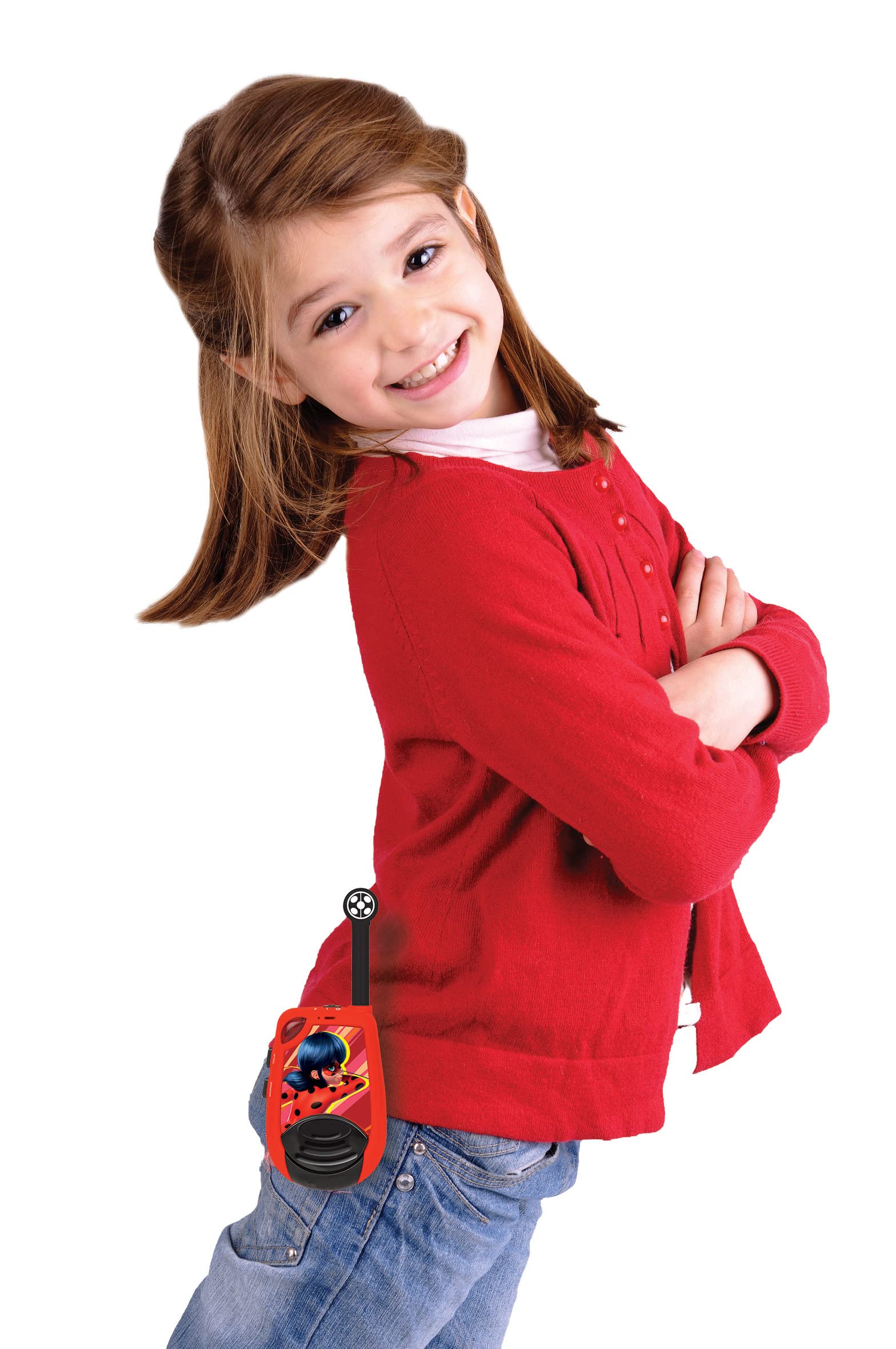 LEXiBOOK Miraculous - Digital Walkie-Talkies for Children - 2 km Transmission Range, Morse Light Function, Belt Clip for Transport, 2 Channels, Battery, Red, TW25MI - Image 4