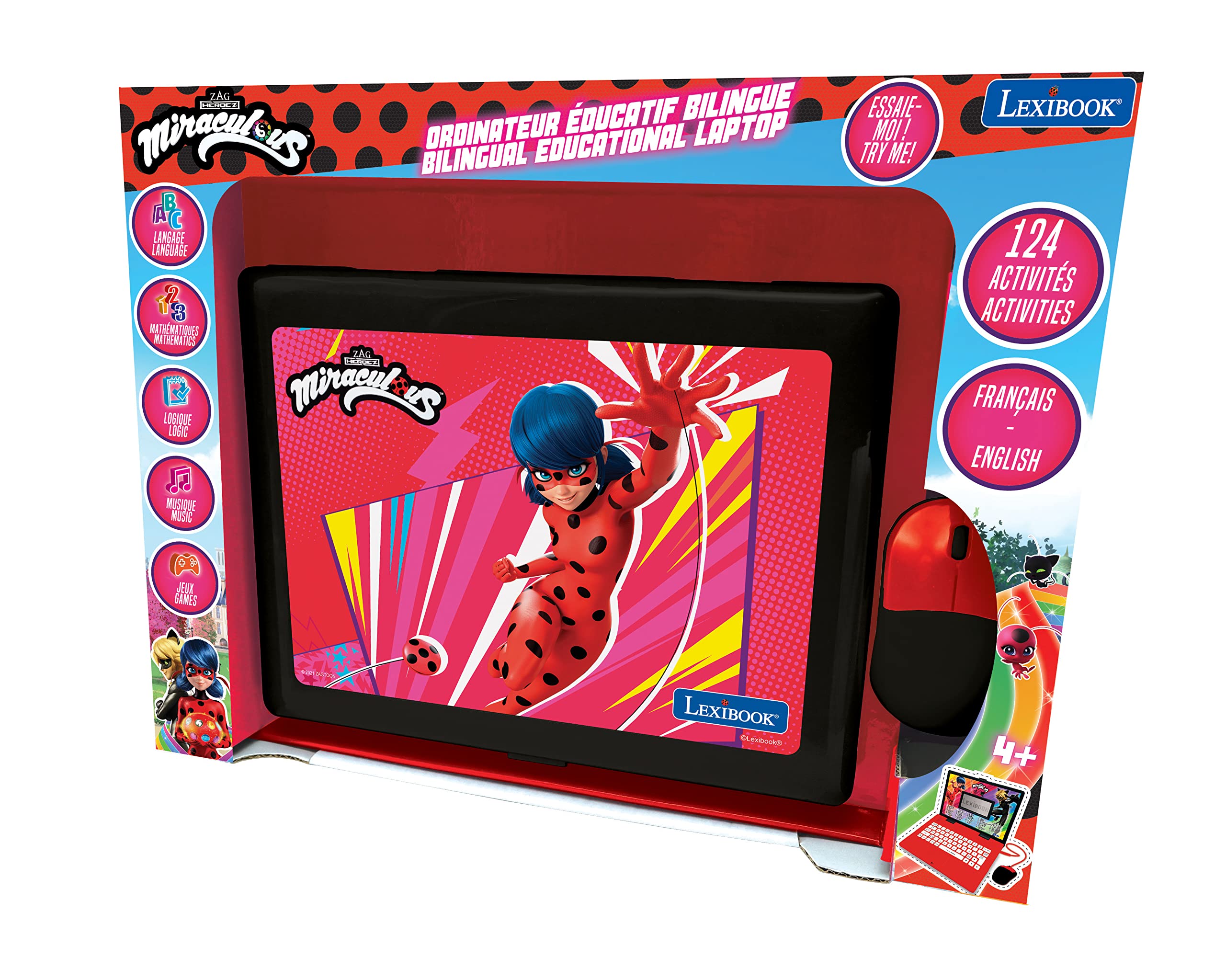 LEXiBOOK Miraculous - Educational and Bilingual Laptop English/Spanish - Toy for Child Kid (Boys & Girls) 124 Activities, Learn Play Games and Music with Ladybug - Red/Black JC598MIi2 - Image 3