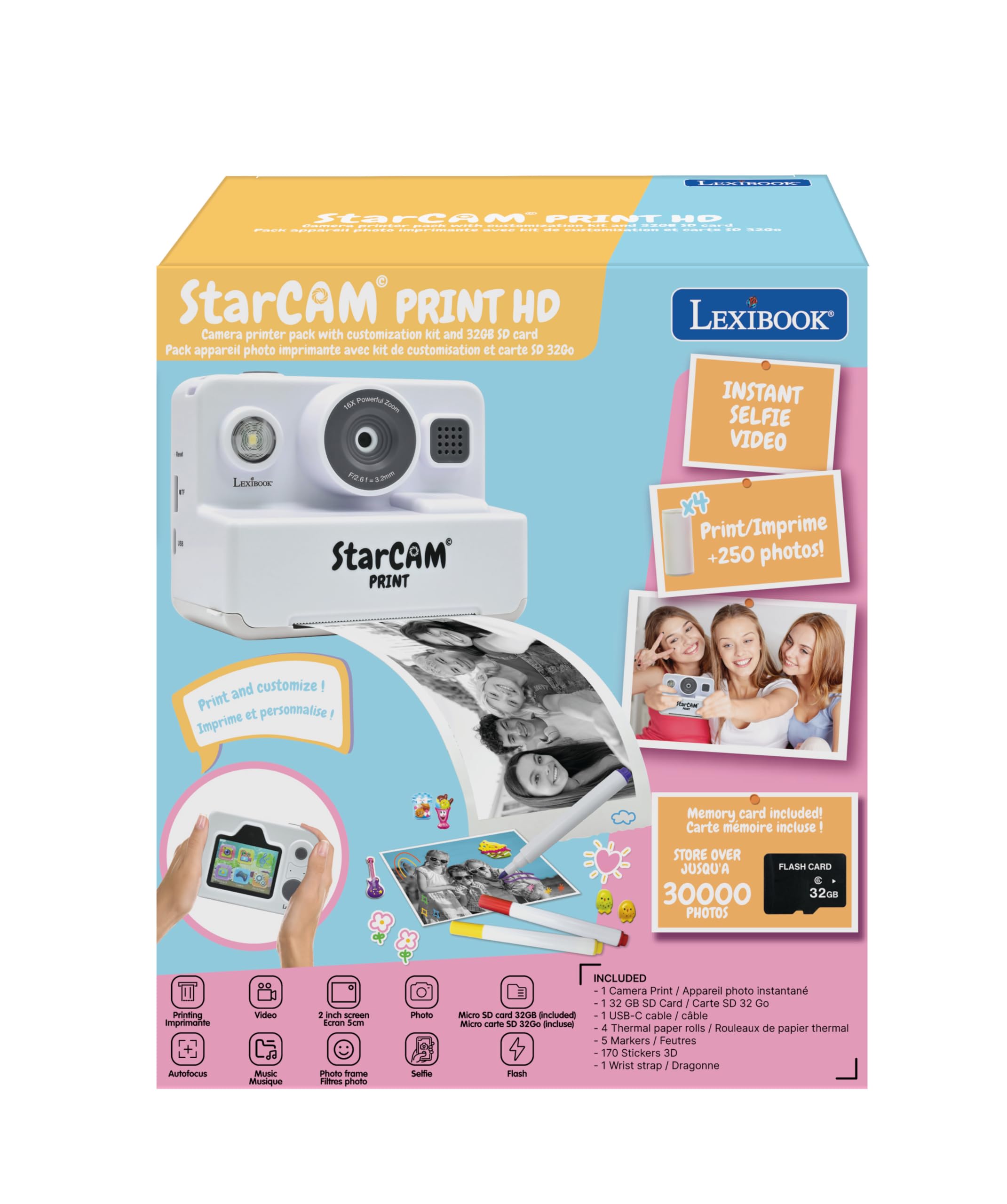 Lexibook, StarCAM Print HD, Camera with Instant Printer, Photo, Video, Selfie, Music and Games Functions, Customisation kit and 32GB SD Card Included, White, DJ160 - Image 5