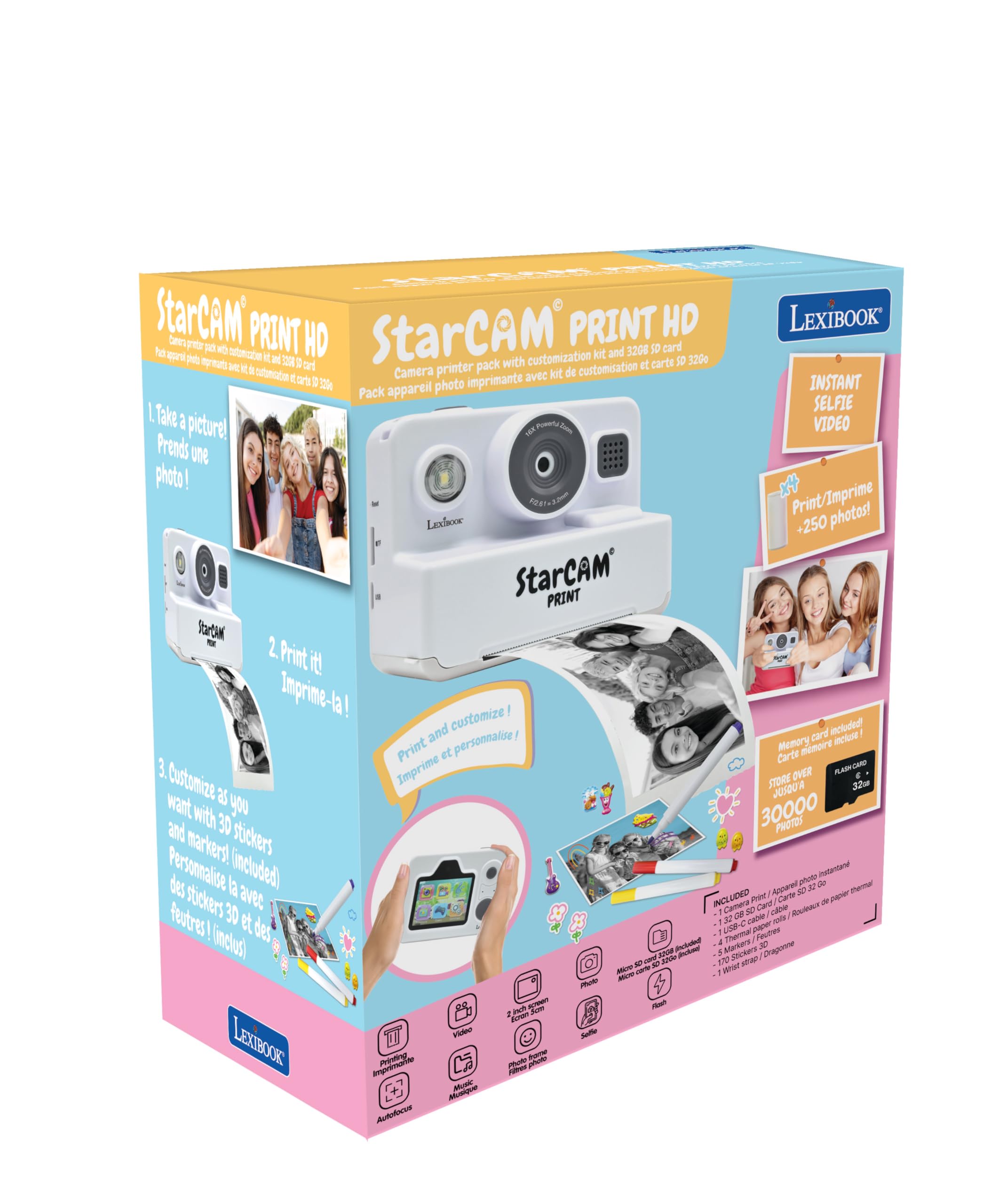 Lexibook, StarCAM Print HD, Camera with Instant Printer, Photo, Video, Selfie, Music and Games Functions, Customisation kit and 32GB SD Card Included, White, DJ160 - Image 7