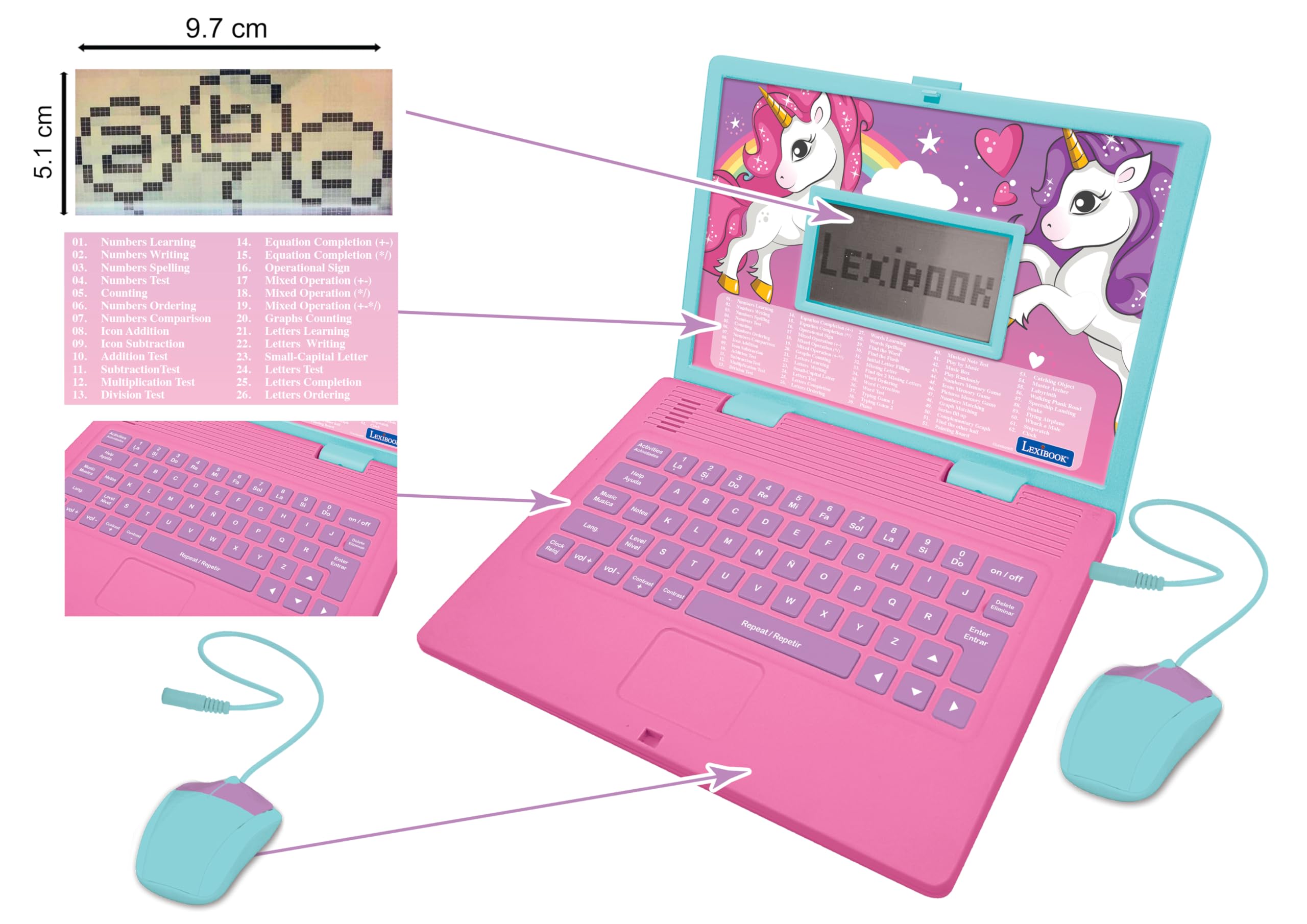 LEXiBOOK - Unicorn Educational and Bilingual Laptop Spanish/English - Toy for Children with 124 Activities to Learn Mathematics, Dactylography, Logic, Clock Reading, Play Games and Music - JC598UNIi2 - Image 3