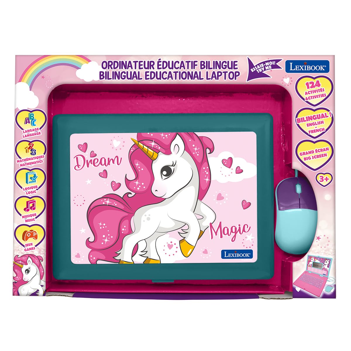 LEXiBOOK - Unicorn Educational and Bilingual Laptop Spanish/English - Toy for Children with 124 Activities to Learn Mathematics, Dactylography, Logic, Clock Reading, Play Games and Music - JC598UNIi2 - Image 4